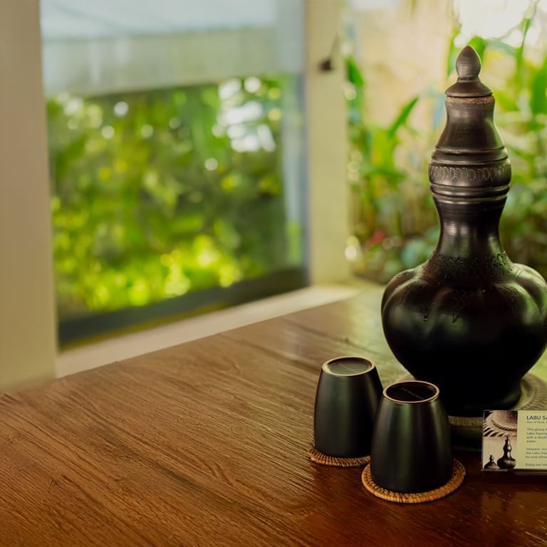 Close-up of Labu Sayong, a traditional handcrafted pottery displayed at The Banjaran Hotsprings Retreat