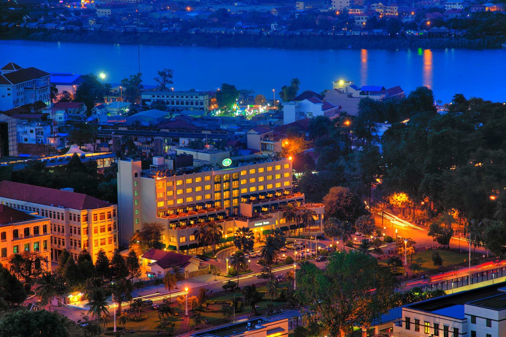 Distant night view of Sunway Hotel Phnom Penh