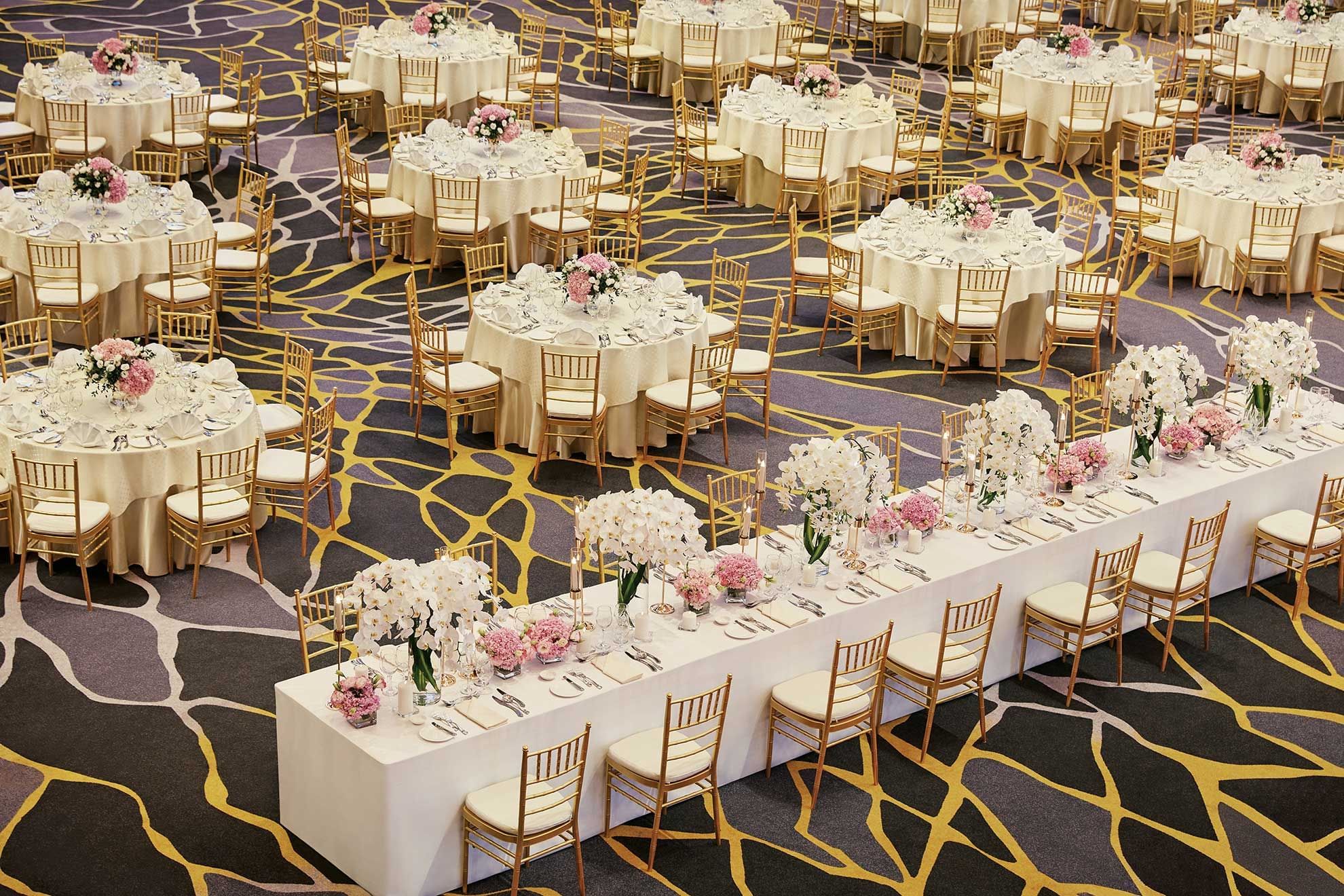 Banquet table set-up in Grand Lagoon Ballroom at Sunway Hotel